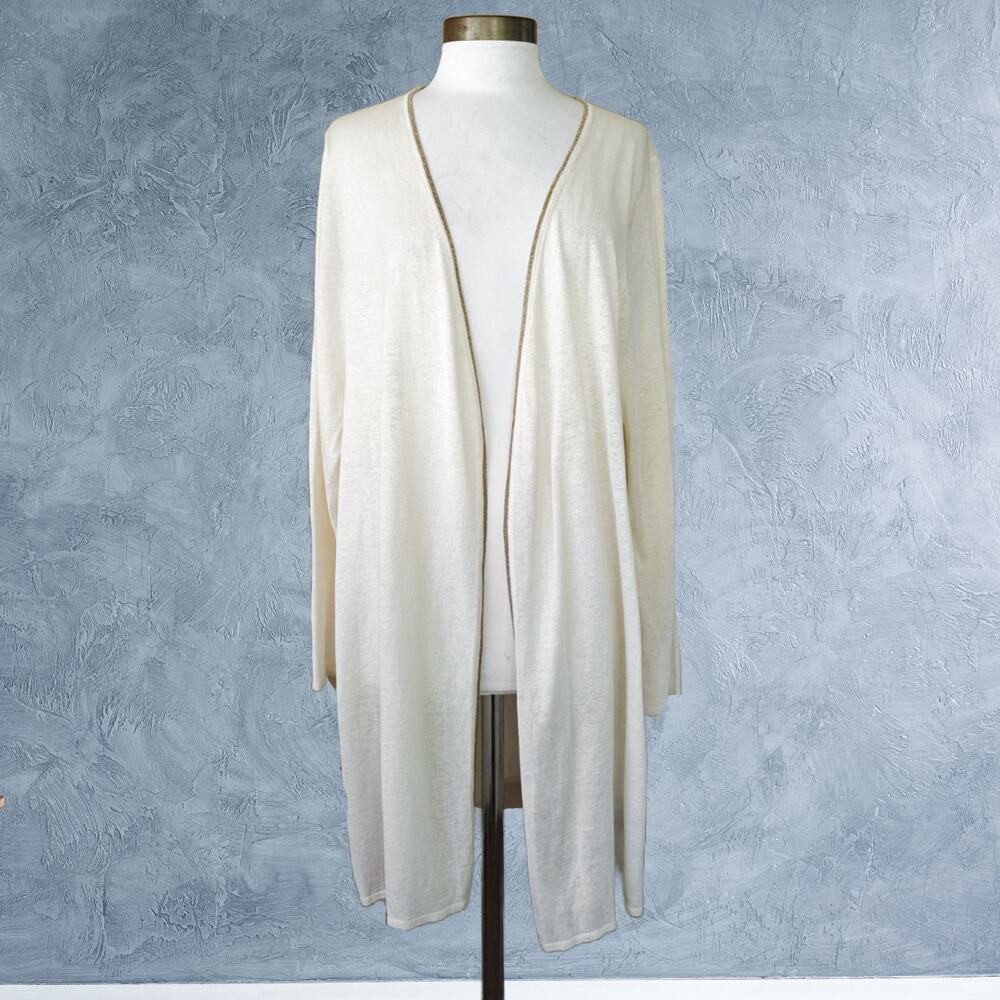 BODEN Long Ivory Cardigan Sweater Size 16 Gold Trim Silk Linen Lightweight